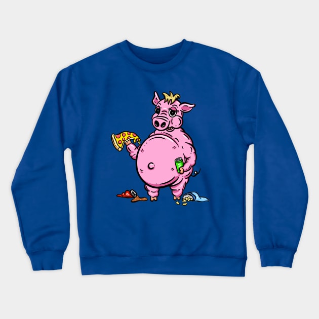 Fat Pig eating Pizza Crisps and Junk Food Logo Mascot Cartoon Crewneck Sweatshirt by Squeeb Creative